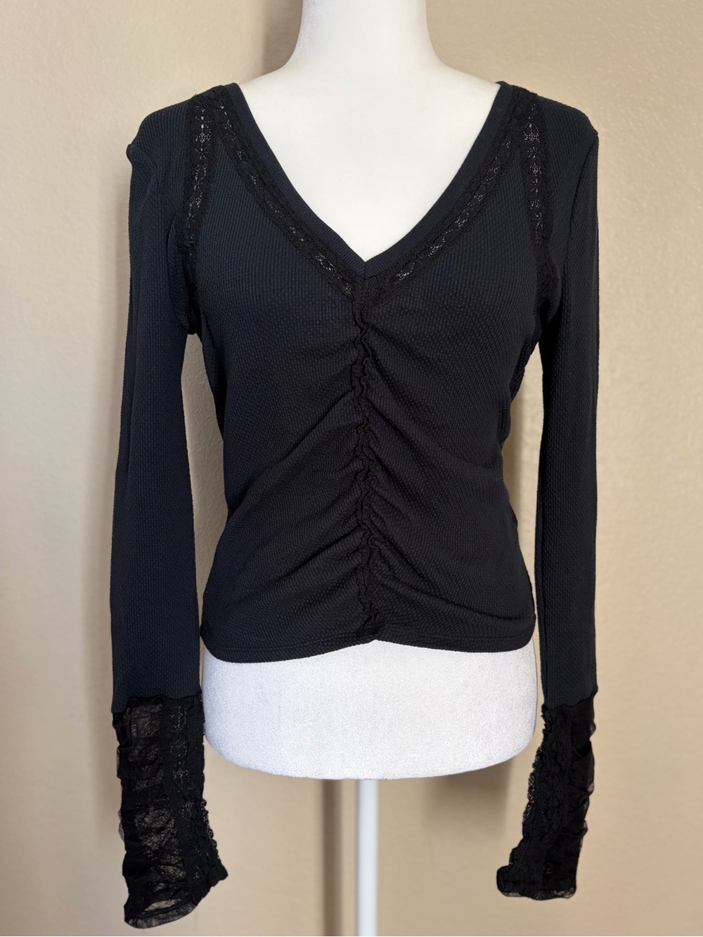 Free People Wear Me Out Thermal Top Black Ruched Lace Cuffs S